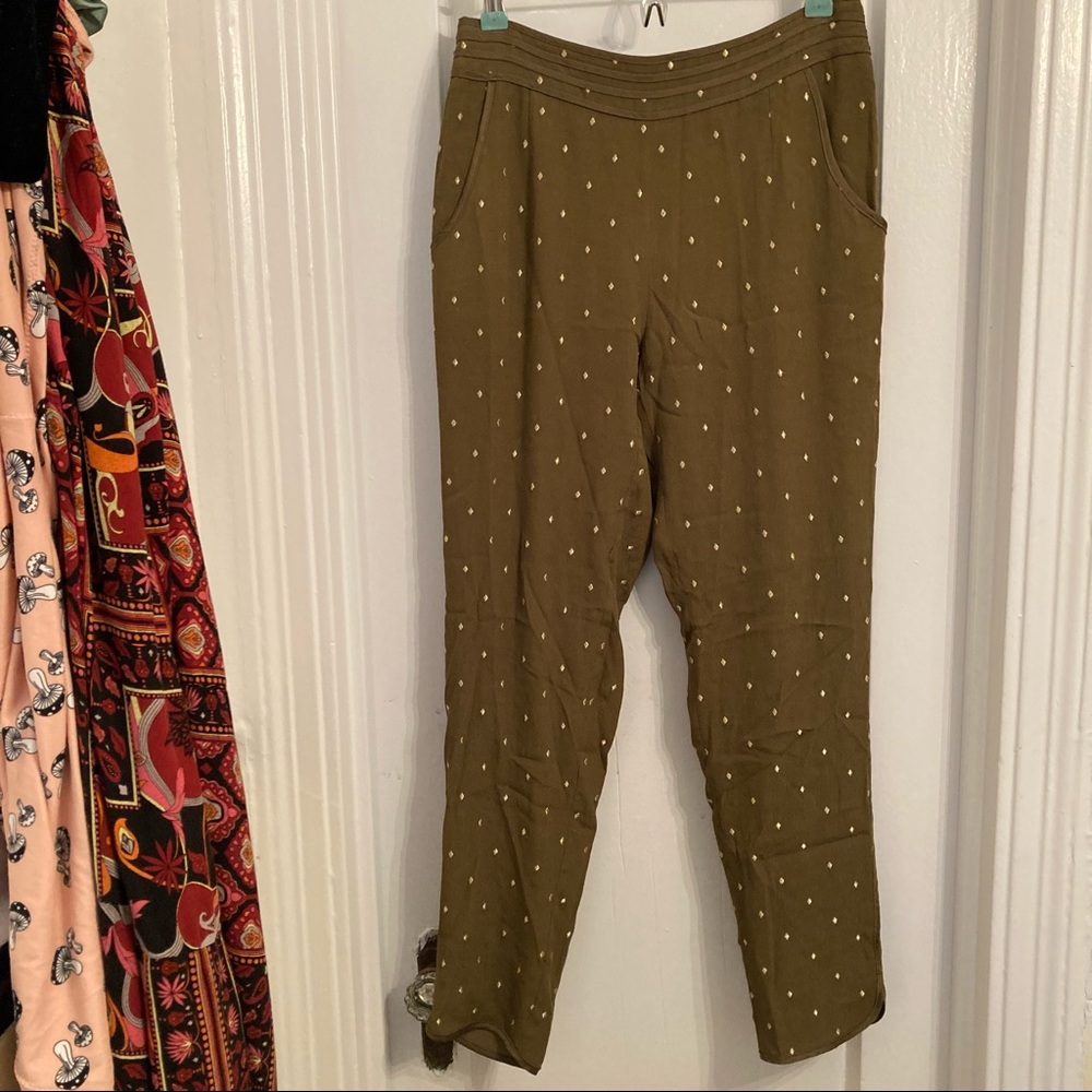 Anthro Green and Gold Slacks